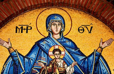 Mosaic showing Virgin Mary and Jesus Christ outside of Christian orthodox church in Athens, Greece  © Theastock