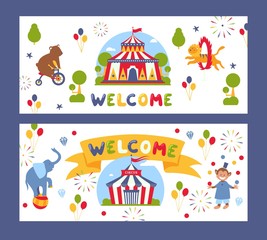 Traveling circus banner, vector illustration. Carnival event announcement, funfair invitation. Circus tent, festival marquee and trained animals. Entertainment performance ticket template, welcome