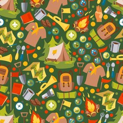 Scout camp icons in seamless pattern, vector illustration. Set of isolated emblems, wrapping paper or fabric print design. Summer camping adventure, labels of tent, map, backpack and scout badges