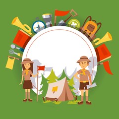 Scout camp brochure cover template, vector illustration. Friendly man and woman cartoon characters, scout leaders inviting to summer camp. Hiking trip, backpacking adventure, outdoor activity campaign