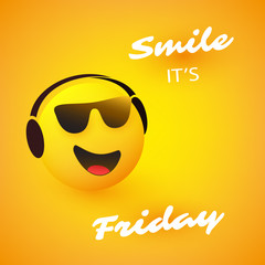 Smile! It's Friday - Weekend's Coming Banner With Smiling, Relaxing Emoji Wearing Sunglasses and Headphones