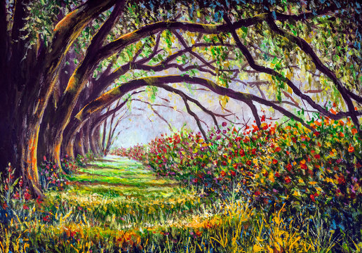 Glade in a fabulous sunny forest with large giants trees and beautiful bushes of lush flowers - acrylic, oil painting to illustrate fairy tales for children