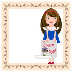 Vector illustration for Women's Day on March 8. Cartoon girl holding a drawing with text on march 8 mom! and outline flower with multicolored petals. For greeting cards, children's books, scrapbook.