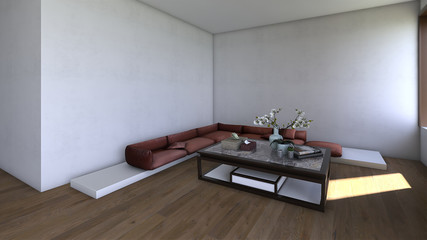 Stylish living room with an elegant red corner sofa, small table with flowers and decorations. Wooden floor. 