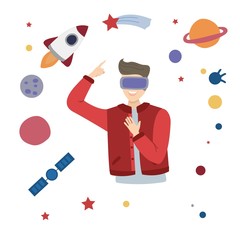 Young man in virtual reality glasses. Virtual space, stars, rocket, planets. 