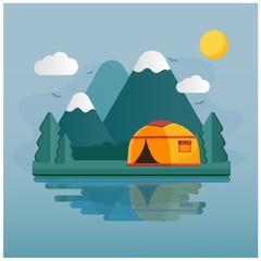 Camping afternoon, sun, sky, mountains. Day and night in a camping in the mountains. Summertime, vacation trip, wild nature creation. Hiking open air rest, trekking. Flat Vector Illustration.