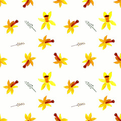 Seamless pattern with narcissus and leaves watercolor illustration on white background