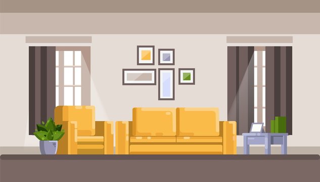 Living room interior modern design home - yellow sofa with armchair, bedside table with books, photo frame, window with curtains and a set of paintings on the wall. Flat cartoon style illustration.