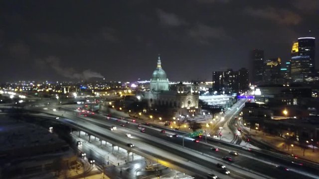 Minneapolis downtown at night, traffic, high way and church