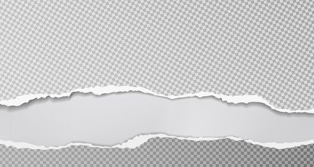 Torn, ripped pieces of horizontal squared paper with soft shadow are on white background for text. Vector illustration