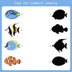 Find the correct shadow for fishes. Worksheet of simple educational game for kids