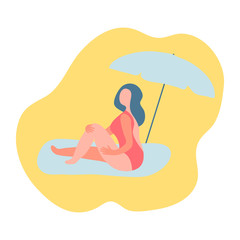 vector woman brunette body positive summer umbrella beach smile