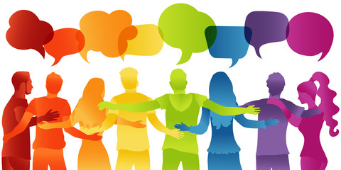 People diverse culture.Dialogue and friendship silhouette group of multiethnic people.Communication speak discussion.Crowd talking.Social network.Community.Speech bubble rainbow colors - obrazy, fototapety, plakaty