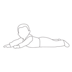 white background, sketch, outline, little child boy lies