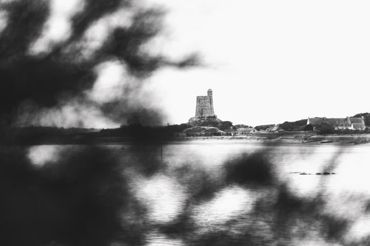 Tower of La Hougue (Tour de La Hougue) seen through blurry tree. Vauban Fortifications. UNESCO World Heritage Site. Saint-Vaast-La-Hougue, Normandy, France. Black white photo.
