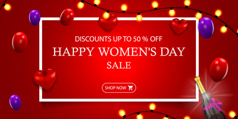 Happy women's day sale, up to 50% off, red modern discount banner for Women's day with garland, balloons and realistic bottle with bow, vector illustration