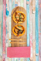 vegetable pie with cherry tomatoes, grilled peppers and courgettes with fresh eggs and fresh cream