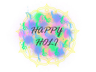 Happy Holi greeting card designed showing Indian traditional sweet and salty food, flowers and powder colours arranged over white background or clay. Selective focus