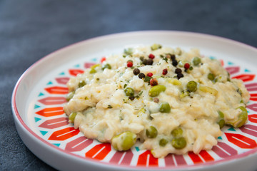 Risotto with broccoli, peas and lips