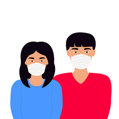 Coronavirus in China. Novel virus 2019-nCoV. Concept of quarantine, prevent infection. Chinese family. Man and woman in protective medical face masks.