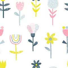 Gordijnen Abstract folk flowers vector seamless pattern. Doodle scribble, line and dot textured blooming plants background. Decorative Scandinavian floral multicolor backdrop. © AngellozOlga