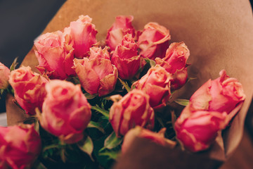 Bunch of Pink red white  bouquet of mixed roses. Pattern Fresh spring Summer background. Greeting card for Saint Valentine's template February 14, Mother's Day, 8 March Teacher's Day