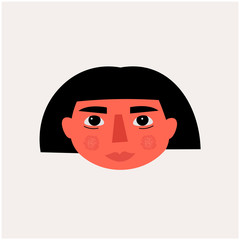 Cartoon abstract face of young girl. Woman hand drawn portrait vector illustration.