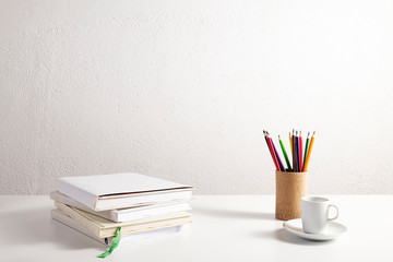 Desktop mix on a white office table.