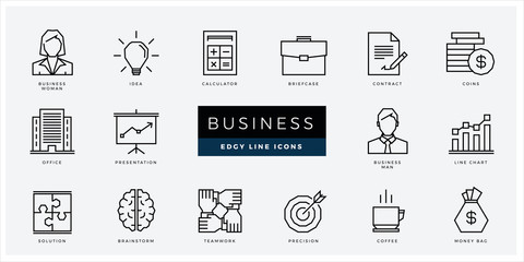Fototapeta premium Business and finance icon set - minimal thin outline, web icon and symbol collection – woman, man, business, finance, money, office, team, presentation. Simple edgy vector illustration.