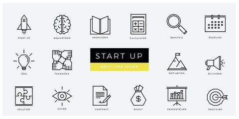 Obraz na płótnie Canvas Start up and business icon set - minimal thin outline, web icon and symbol collection – start up, brainstorm, knowledge, analysis, bullhorn, motivation, profit, vision. Simple edgy vector illustration