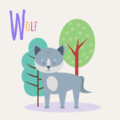 Colorful book alphabet. Book of animals. Wolf. Letter W
