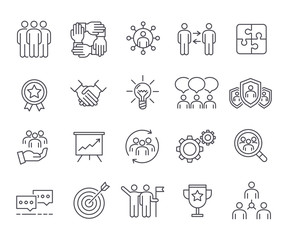 Naklejka premium Business teamwork, team building, work group. Outline icons set