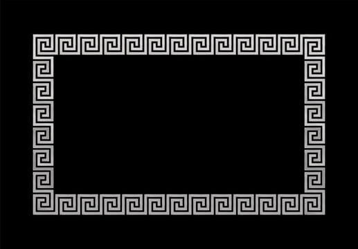 Silver meander rectangle frame, ancient greek motif, seamless pattern. Vector illustration on black background.