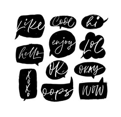 Speech bubble collection with short slang youth words. Vector hand drawn modern brush pen calligraphy.