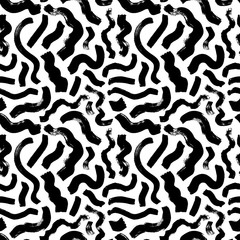 Scattered wavy brushstrokes hand drawn vector seamless pattern. Monochrome printmaking texture.