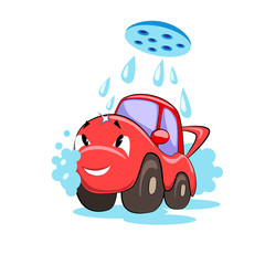 Cartoon happy car washes in the shower at a car wash