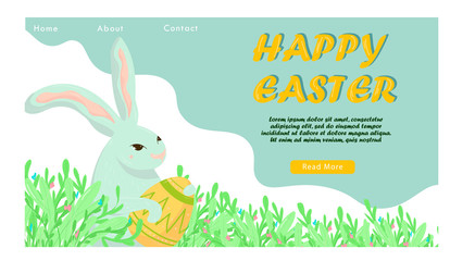Easter landing page template with chicken and rabbit.Vector Illustration Spring holiday design, banner, web concept.
