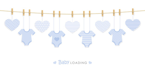 baby shower welcome greeting card for childbirth with hanging bodysuits vector illustration EPS10