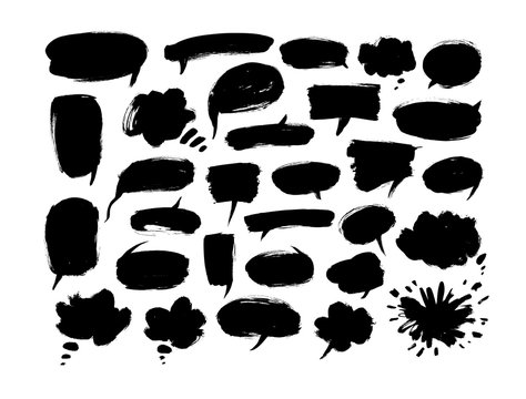 Black paint speech bubbles vector illustrations set. Hand drawn empty thought and text clouds isolated on white background.