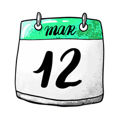 Calendar with the date March 12 on a white background. Holiday Planting Day in China. Vector stock illustration.