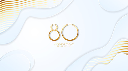 80th anniversary celebration. Golden number with realistic fluid white background. Realistic 3D sign modern elegant can be used for a company or wedding. editable design vector EPS 10.