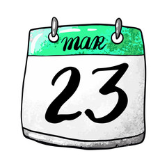Calendar with the date March 23 on a white background. Holiday World Meteorology Day. Vector stock illustration.