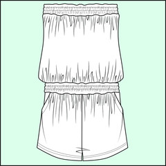 shirred jumpsuit flat sketch, apparel template