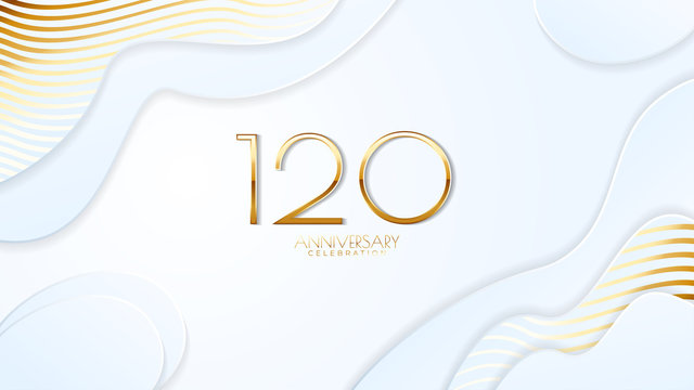 120th anniversary celebration. Golden number with realistic fluid white background. Realistic 3D sign modern elegant can be used for a company or wedding. editable design vector EPS 10.
