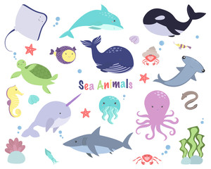 Cute sea animals vector set. Marine life: whale, shark, octopus, jellyfish, eel, hammerhead fish, turtle, crab, dolphin, seahorse..