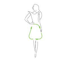 Sustainable fashion. Silhouet woman in outline in dress with sign for recycling. Concept for Sustainable fashion, slow fashion, circular fashion, recycle. Can used in print or poster design,