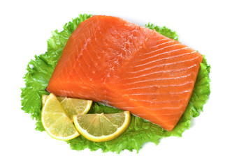 salmon fish fresh meat slice isolated on white background.