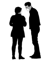 Young woman and man kiss in medical masks. Isolated silhouettes of people on a white background