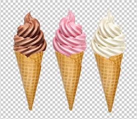 Strawberry, vanilla and chocolate whip soft ice creams or frozen custard in cone on isolated...