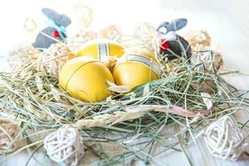 Yellow eggs in the nest. Easter background